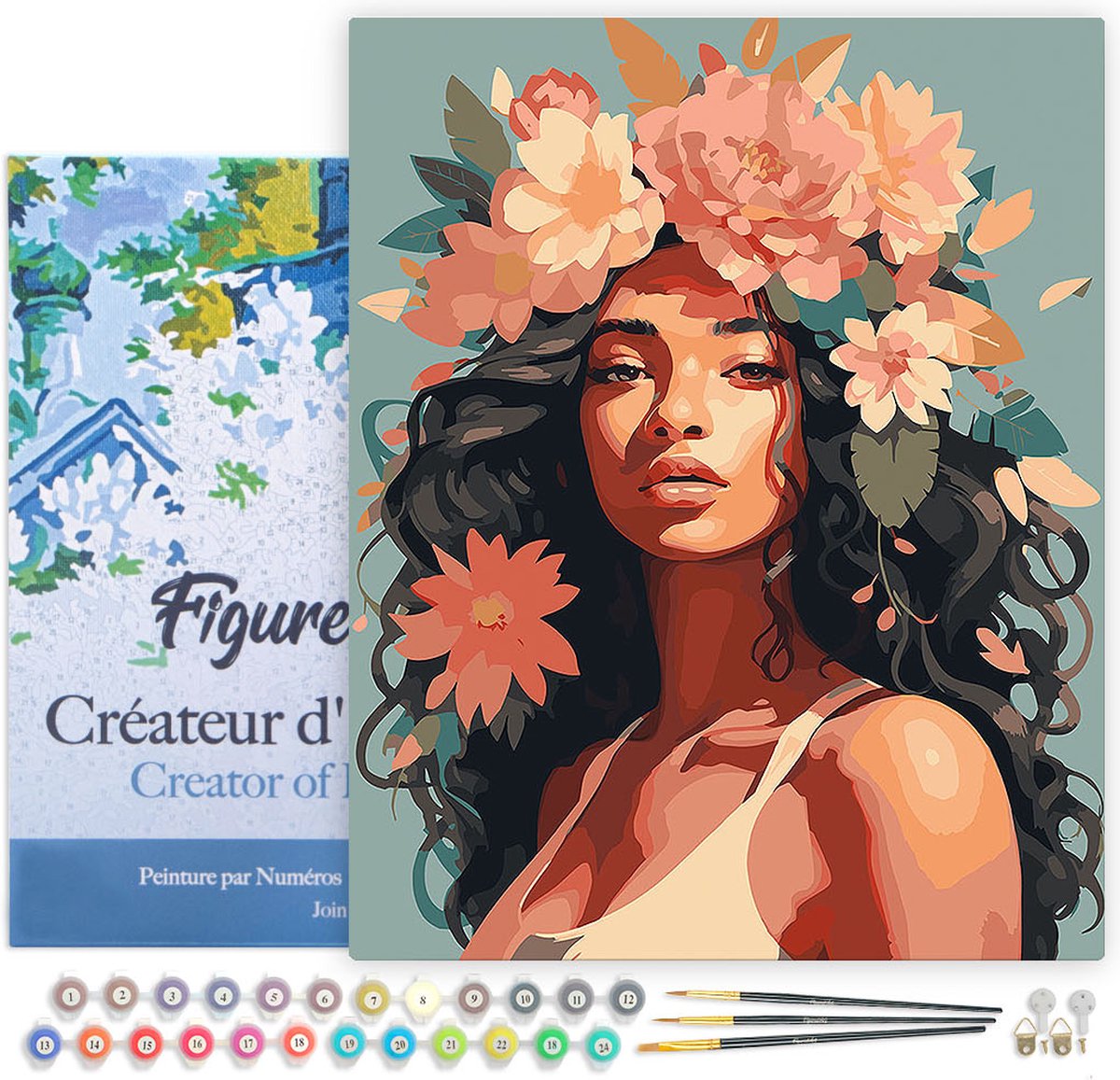 FiguredArt Schilderen op Nummer Volwassenen met lijst Pioenroos Gekroonde Schoonheid - Handwerk acrylverf Kit DIY Compleet - 40x50cm Canvas al ingelijst